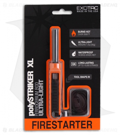 Exotac polySTRIKER XL Ultra-Light Fire Starter Ferro Rod (Orange)