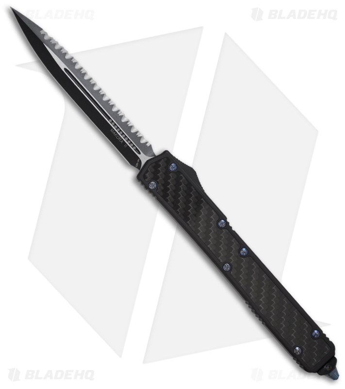 Microtech Makora II OTF Knife D/A Blue Titanium (4.45" Black Full Serr) 106-3Ti
