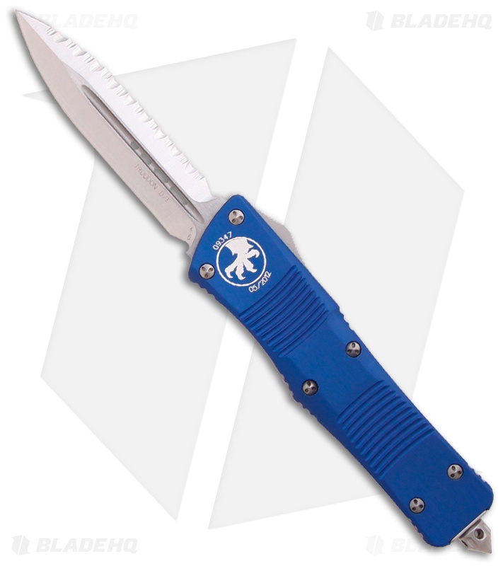 Microtech Blue Troodon D/E OTF Automatic Knife (3" Stonewash Full Serr) 138-12BL
