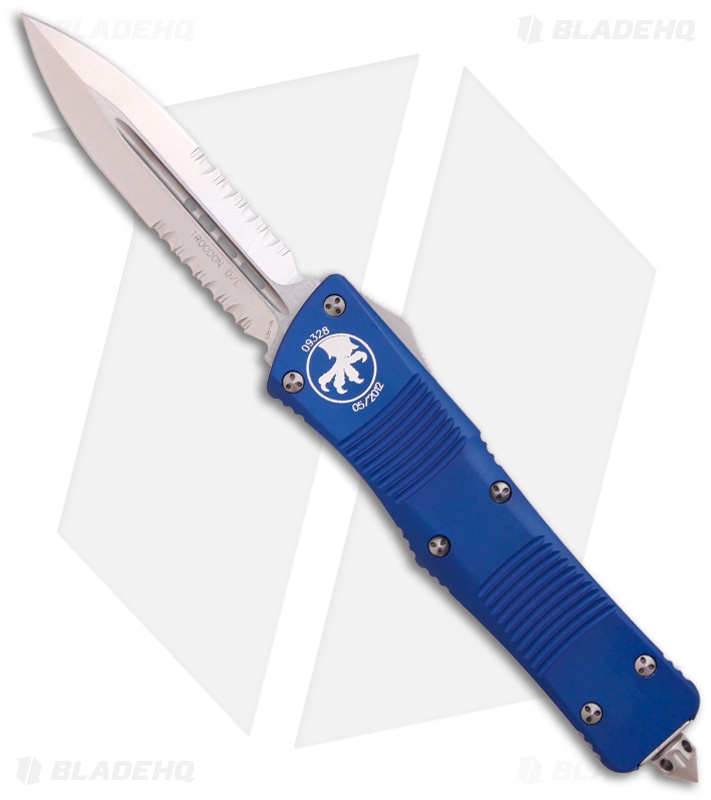 Microtech Blue Troodon D/E OTF Automatic Knife (3" Stonewash Serr) 138-11BL