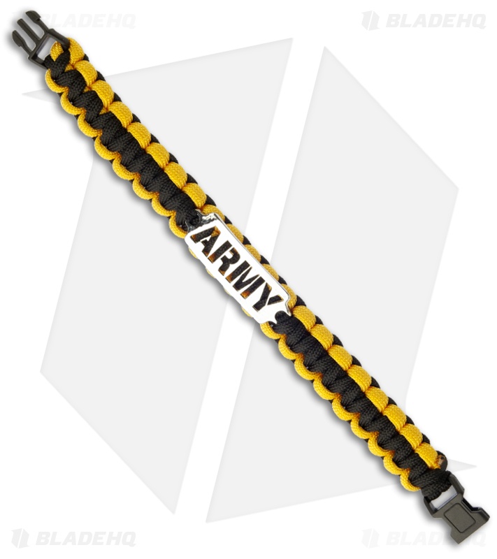 Single Tied Paracord Survival Bracelet w/ Army Plate (Black & Yellow)