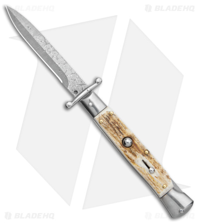 Italian Style Stiletto Swinguard Automatic Knife Stag Horn (4" Damascus)