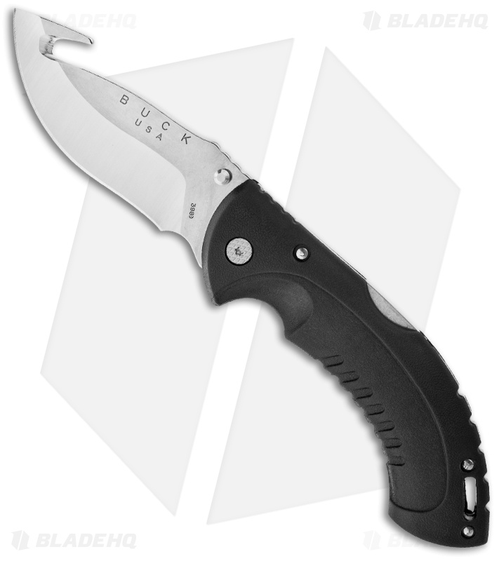 Buck Folding Omni Hunter 12PT Guthook Knife Black (4" Satin Plain) 0398BKG