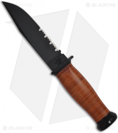 Ka-Bar Mark I Knife w/ Leather Handle (5.125" Black Serr) 02-2226