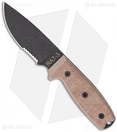 Ontario RAT-3 Knife Fixed Blade 1095 Steel w/ Green Sheath (3.75" Black Serr)