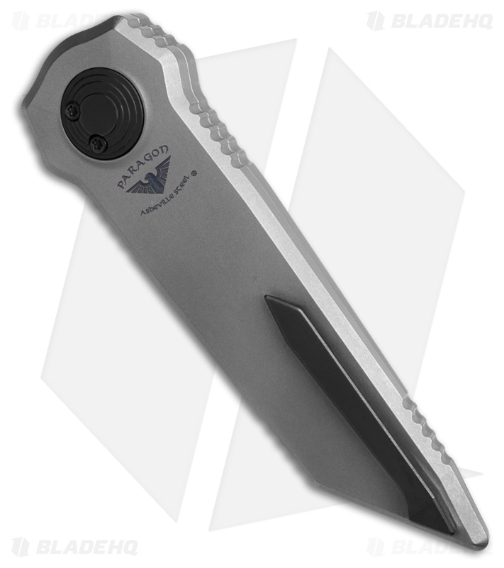 Paragon D/E Tanto Dredd Lock Knife Distressed Titanium (4" Baker Forged Damascus