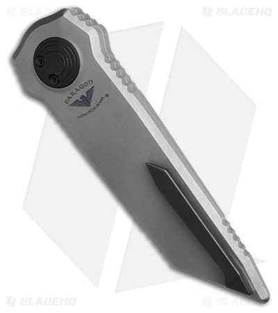 Paragon D/E Tanto Dredd Lock Knife Distressed Titanium (4" Baker Forged Damascus