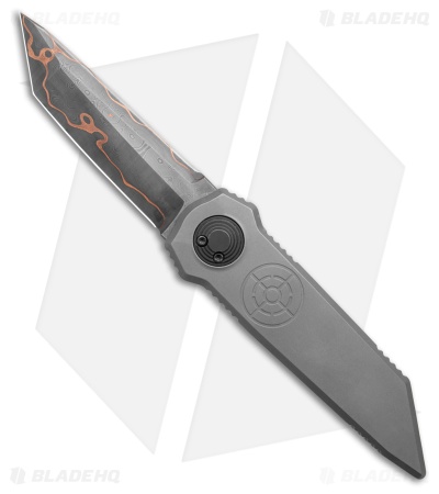 Paragon D/E Tanto Dredd Lock Knife Distressed Titanium (4" Baker Forged Damascus