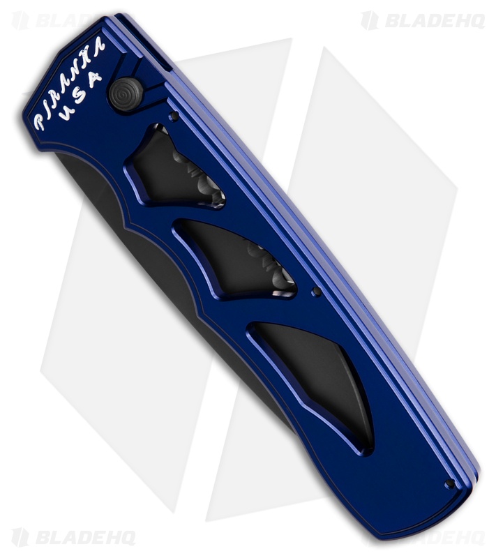 Piranha MagnaRaptor Automatic Knife Blue Aluminum (3.4" Black Serrated)