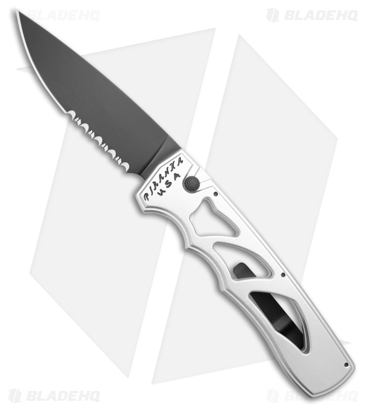 Piranha MagnaRaptor Automatic Knife Silver Aluminum (3.4" Black Serrated)