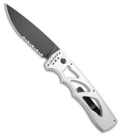 Piranha MagnaRaptor Automatic Knife Silver Aluminum (3.4" Black Serrated)