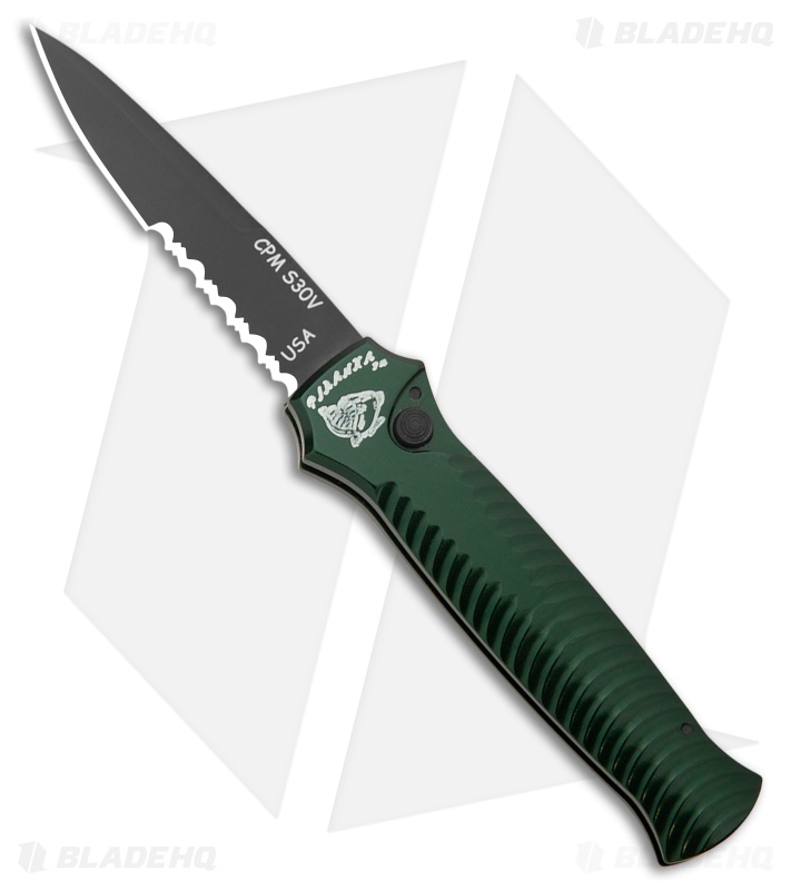 Piranha Mini-Guard Automatic Knife Green Aluminum (2.9" Black Serr)