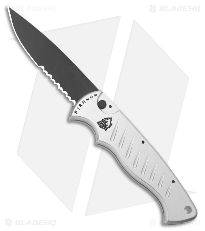 Piranha P1 Pocket Automatic Knife Silver Tactical (3.2" Black Serr)