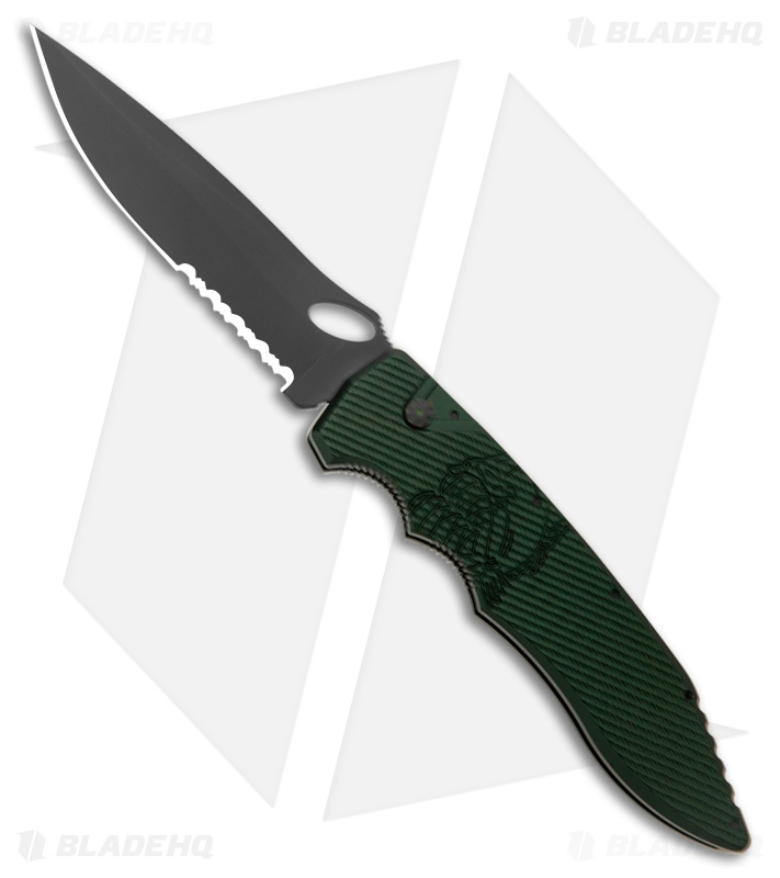 Piranha Predator Green Tactical Automatic Knife (4.1" Black Serr)