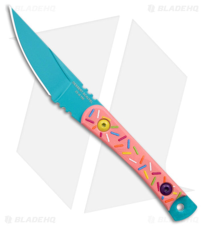 TOPS Dessert Scalpel Sugar Rush fixed-blade knife with pink G-10 handle and blue blade