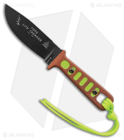 TOPS Lite Trekker Knife Brown Micarta/Bright Green Accents (4.25" Black)