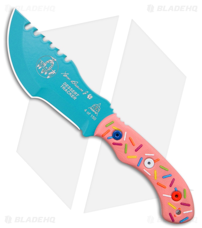 TOPS Mini Tom Brown Tracker #4 Dessert Warrior fixed-blade knife with pink Micarta handle and blue blade