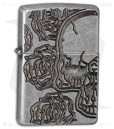 Zippo Lighter Antique Silver Skull & Roses 28988