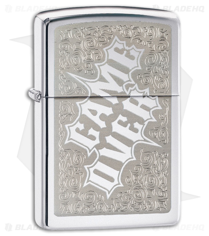 Zippo Lighter Polished Chrome Game Over 28447 Blade HQ