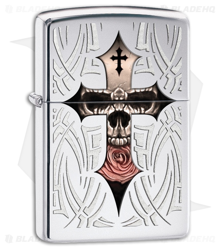 Zippo Lighter Polished Chrome Skull Cross 28874