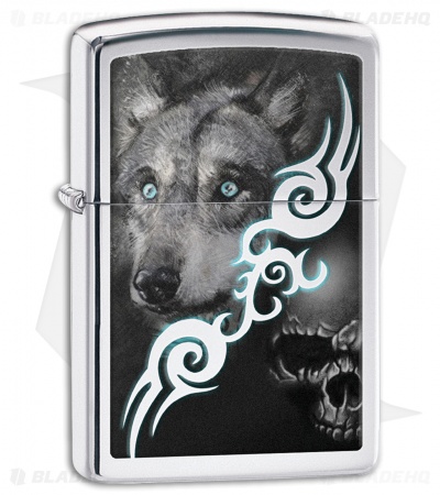Zippo Lighter Polished Chrome Wolf With Skull 28872