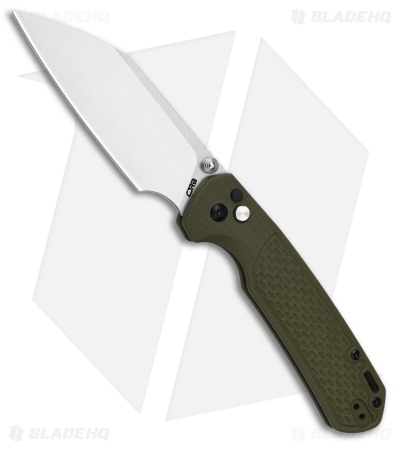 CJRB Large Pyrite-Light Button Lock Knife Green G-10 (3.7" Stonewash)