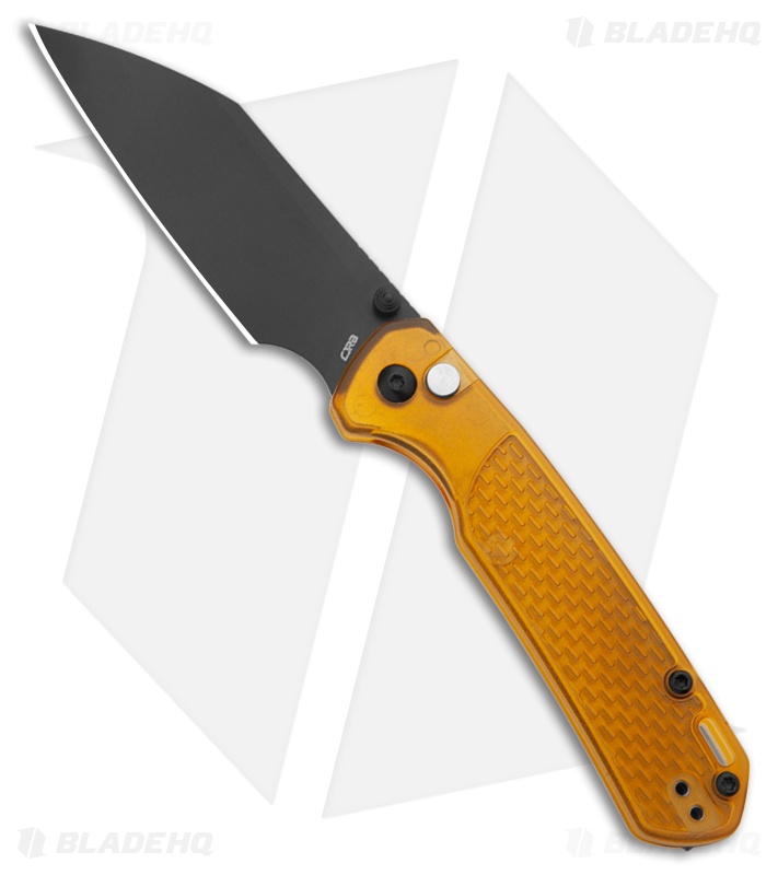 CJRB Pyrite-Light Button Lock Knife Amber FRN (3.3" Black PVD)