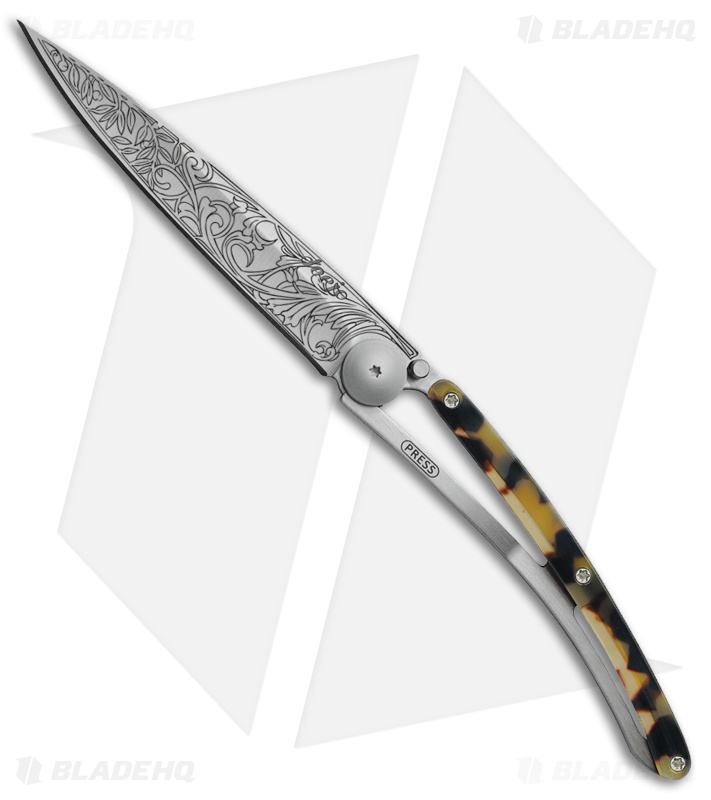 Deejo 27g Art Nouveau Tattoo Frame Lock Knife Turtle Polymer (3" Satin)