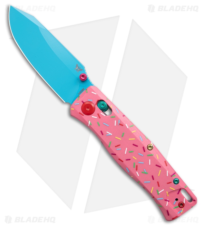 Flytanium BEEF Dessert Warrior folding knife with pink sprinkled handle and blue blade