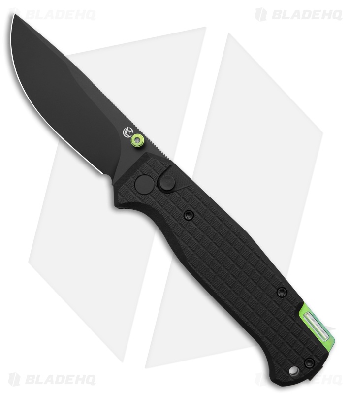 Glow Rhino Mcguire Button Lock Pocket Knife Black G-10 + Green Stud (3" Black)