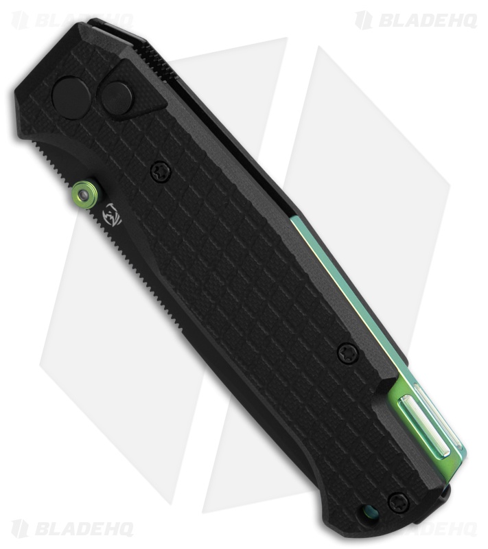 Glow Rhino Mcguire Button Lock Pocket Knife Black G-10 + Green Stud (3" Black)