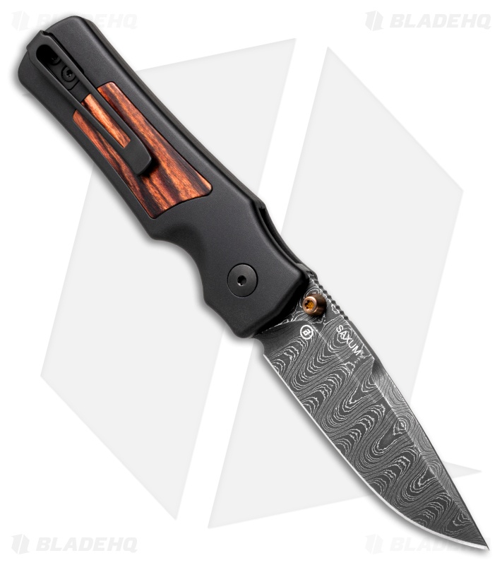 Hogue Saxum Button Lock Knife Black Aluminum/Kingwood (2.8" Damascus)