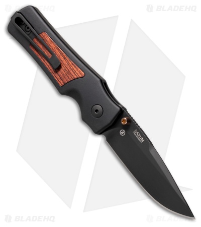 Hogue Saxum Button Lock Knife Black Aluminum/Kingwood (2.8" Black Cerakote)