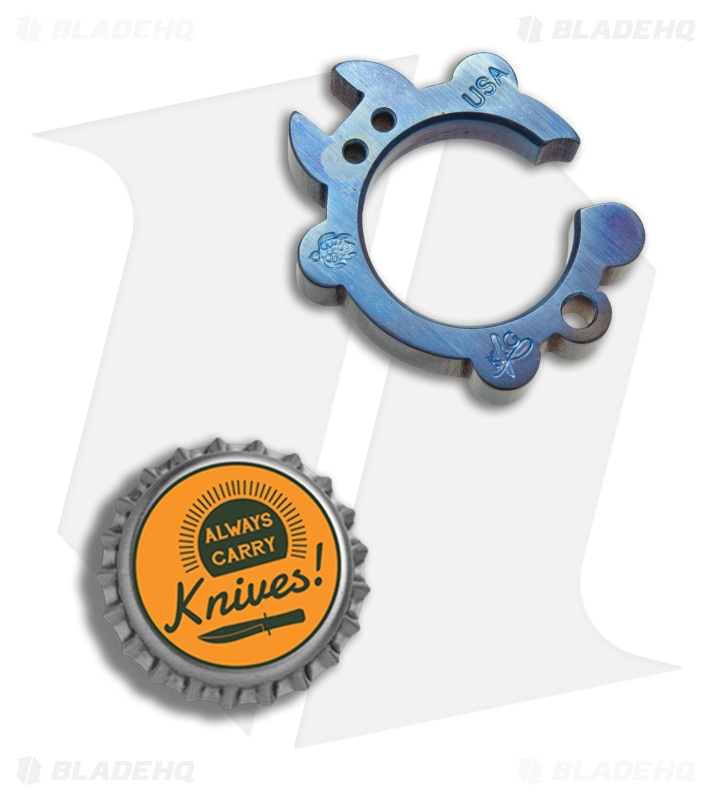 KnifeGuys 3/8" Chubby Tipsy Turtle Titanium Keychain Bottle Opener - Blue Flamed
