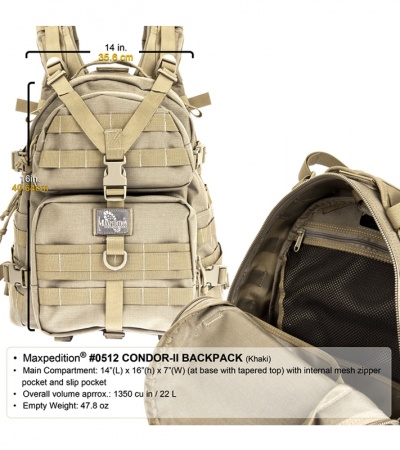 Maxpedition Condor II Khaki 2-Day Assault Backpack Hydration 0512K