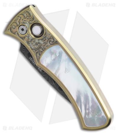 Pro-Tech Duke 2 Custom Auto Knife Seafoam Green & Gold Ti/MOP (2.7" Damascus)