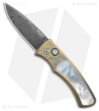 Pro-Tech Duke 2 Custom Auto Knife Seafoam Green & Gold Ti/MOP (2.7" Damascus)