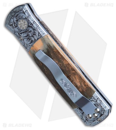 Pro-Tech Godson Custom Automatic Knife Blue Ti + Bark Mastodon (3.15" Damascus)