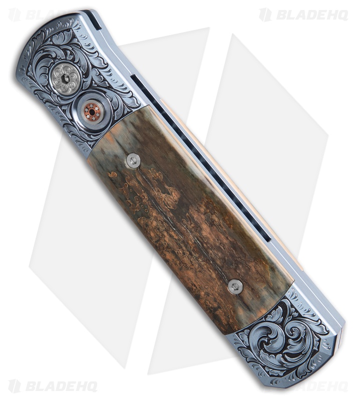 Pro-Tech Godson Custom Automatic Knife Blue Ti + Bark Mastodon (3.15" Damascus)