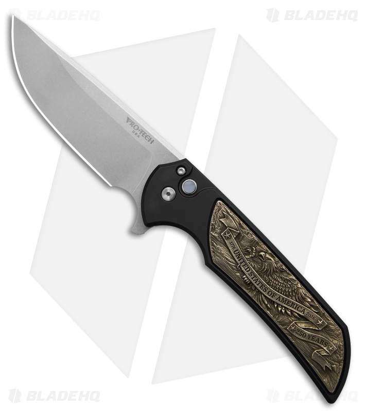 Pro-Tech Mordax Button Lock Flipper Knife Black Al/White Brass Inlay (3.5" SW)