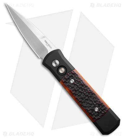 Pro-Tech Godson Custom Automatic Knife Black Aluminum/Jigged Bone (3.15" Satin)