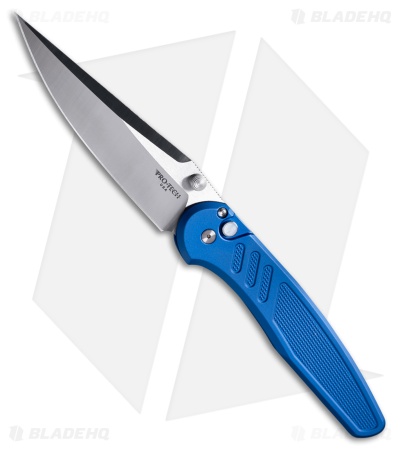 Pro-Tech Avalon Button Lock Knife Knurled Blue Al (4.25" Satin MagnaCut)