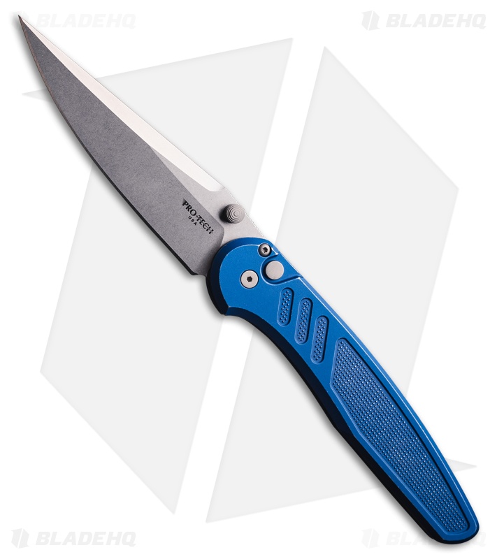 Pro-Tech Avalon Button Lock Knife Knurled Blue Al (4.25" Stonewash MagnaCut)