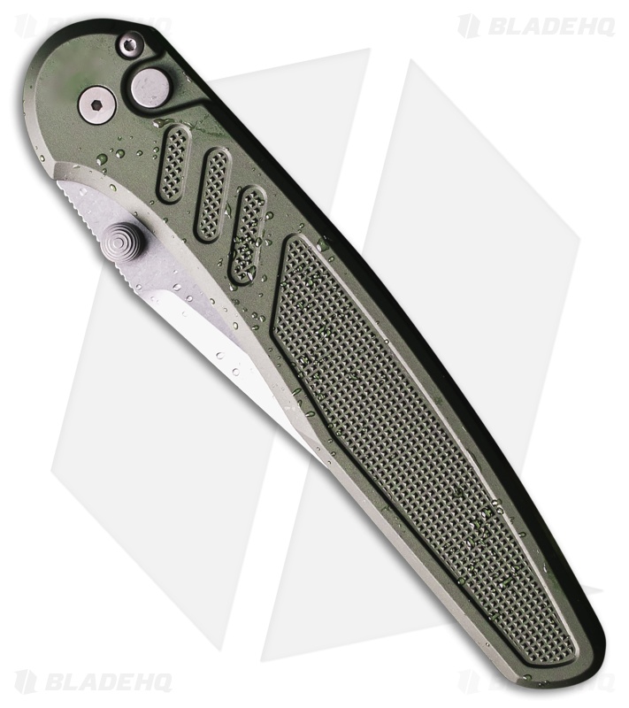 Pro-Tech Avalon Button Lock Knife Knurled Green Al (4.25" Stonewash MagnaCut)