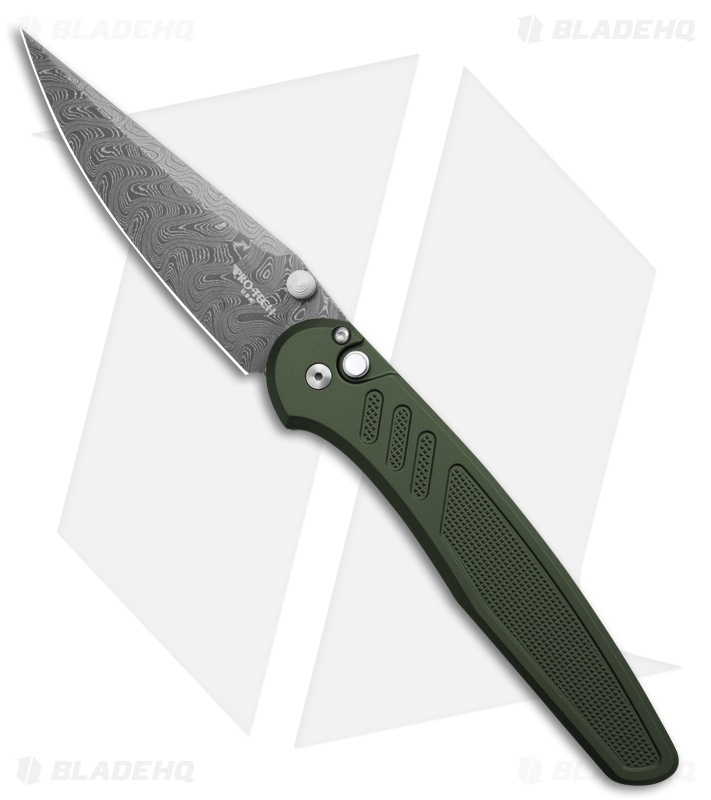 Pro-Tech Avalon Button Lock Knife Knurled Green Al (4.00" Damascus)