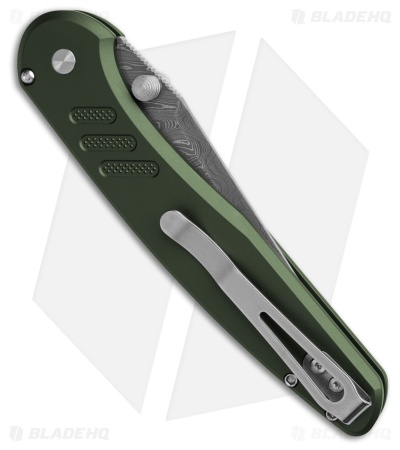 Pro-Tech Avalon Button Lock Knife Knurled Green Al (4.00" Damascus)