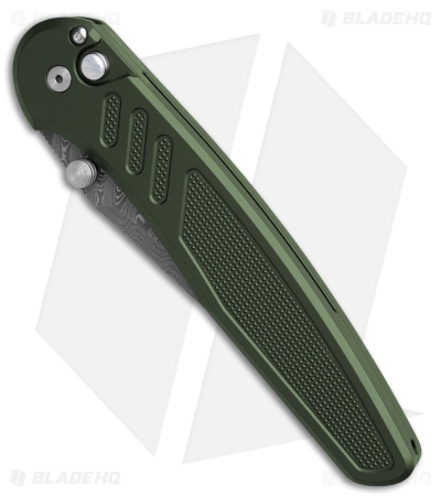 Pro-Tech Avalon Button Lock Knife Knurled Green Al (4.00" Damascus)