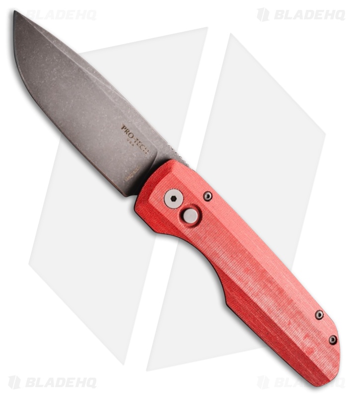 Vero Engineering + Pro-Tech Synapse Auto Knife Red Linen Micarta(3.5" Acid Wash)