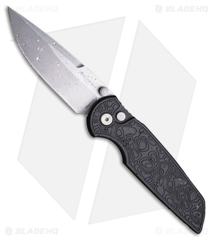 Pro-Tech TR-3 Integrity Button Lock Knife Topo Textured Black Al (3.5" SW)