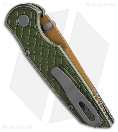 Pro-Tech TR-3 Integrity Button Lock Knife DW Reptile Green Al (3.5" Tan PVD)